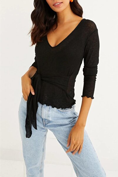 ARESMODA بلوزة نسائية سوداء برقبة على شكل حرف V وربطة أمامية