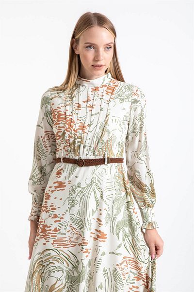 Esswaap Straw Knit Belt Detailed Patterned Printed Dress Khaki