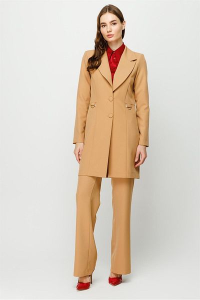 Esswaap Pearl Accessory Detailed Trousers Jacket Set Camel