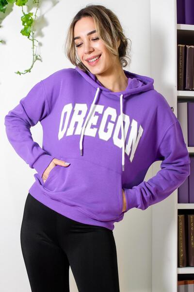 ARESMODA Kadın Şardonlu İçi Polarlı Yazılı Kapüşonlu Cepli Premium Mor Sweats...