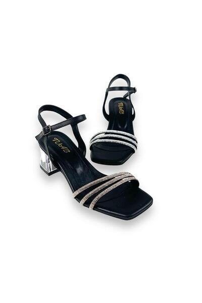 bescobel Women's Telsa Black Low Transparent Heel 3-Piece Stone Sandals 5 Cm 213