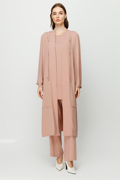 Esswaap Piping Detailed Blouse Jacket Trousers Set Powder