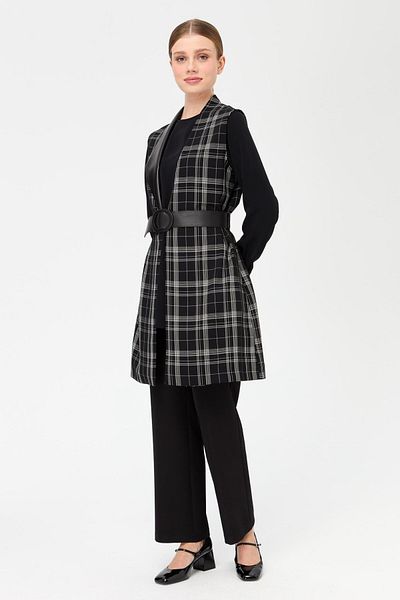Esswaap Plaid Fabric Leather Belted Trousers Vest Tunic Set Black