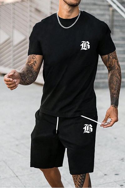 MODAGEN Men's Black B Printed T-Shirt Sort Set