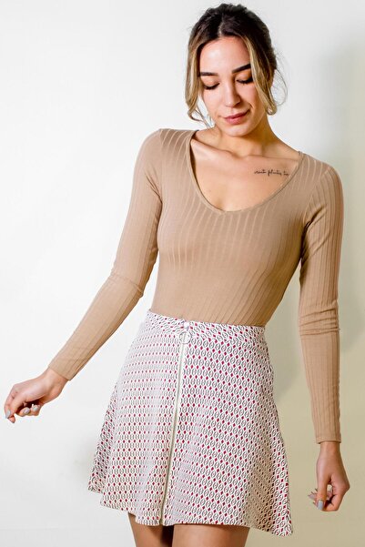 ARESMODA بلوزة نسائية من فرو المنك برقبة على شكل حرف V مع قفل سريع