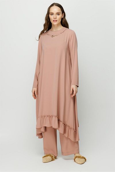 Esswaap Skirt Gather Detailed Tunic Trousers Set Powder