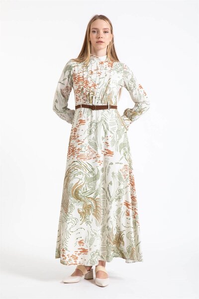 Esswaap Hasır Örgü Kemer Detaylı Desenli Emprime Elbise Haki