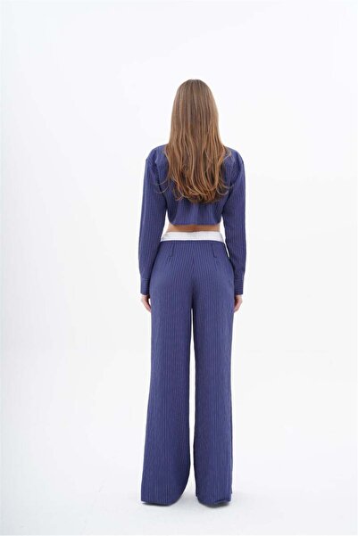 Lefon Navy Blue Women's Crop Shirt and Boxer Detailed Wide Leg Trousers Set