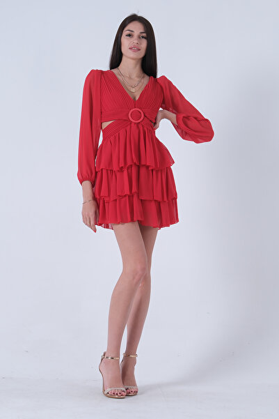 Feminist Fırfırlı Dekolteli Mini Şifon Abiye Elbise Kırmızı 9705278