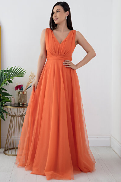 PULLIMM V Yaka Sıfır Kol Işıltılı Tül Elbise 13412