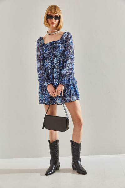 Bianco Lucci Γυναικείο φόρεμα σιφόν με φλοράλ στάμπα - βολάν με στρώσεις στη μέση και στο μανίκι60251062