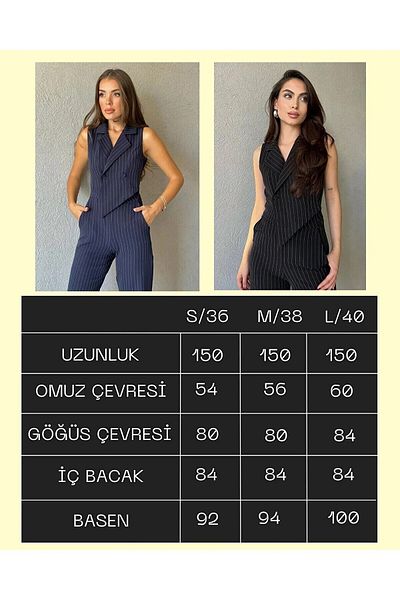 HARMONY GLOBAL Striped Atlas Fabric Sleeveless Double Breasted Jacket Collar Button Detailed Striped Jumpsuit 3195