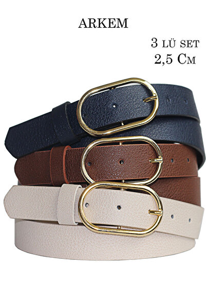 Arkem Kemer مجموعة من 3 قطع من السلسلة الذهبية - حزام نسائي من الجينز باللون الأزرق الداكن والبيج