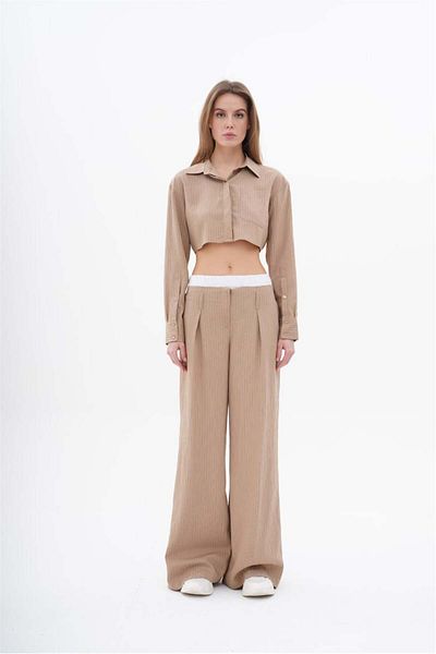 Lefon Beige Color Women's Crop Shirt and Boxer Pants Set - Wide Leg Fit