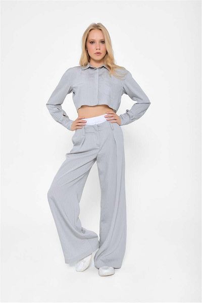 Lefon Gray Crop Shirt and Boxer Detailed Wide Leg Trousers Set - BG Striped