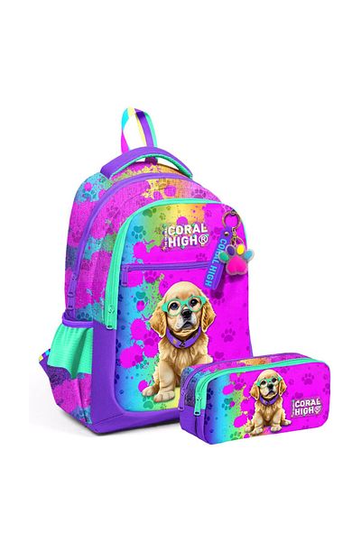 Coral High Set școală pentru copii cu model de câine violet roz - rucsac cu trei compartimente și suport pentru stilou 23649