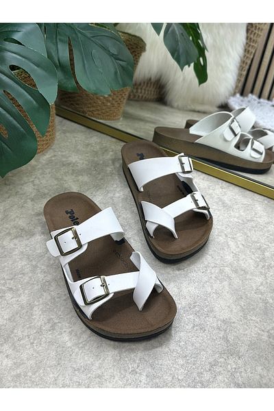 Nstil Papuci albi pentru femei Daily Flip Flop Sandale reglabile cu cataramă cu talpă confortabilă din plută 34162