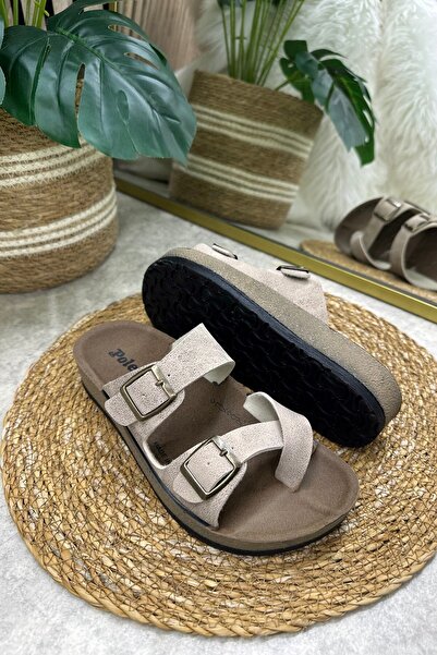 Nstil Günlük Kadın Bej Terlik Tek Parmak Arası Rahat Mantar Taban Tokalı Ayarlanabilir Sandalet 34162