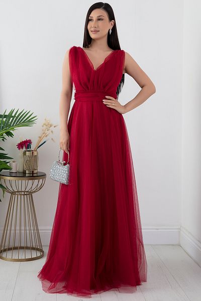PULLIMM V-Neck Zero Sleeve Glittering Tulle Dress 13412