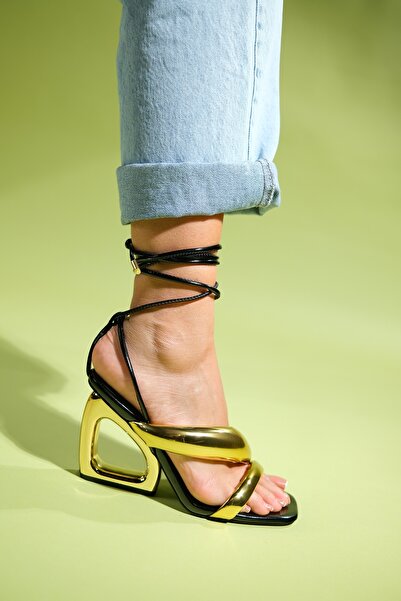 LuviShoes CREED Black Gold Ankle Strap Women's High Heeled Shoes