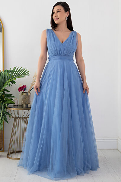 PULLIMM V Yaka Sıfır Kol Işıltılı Tül Elbise 13412