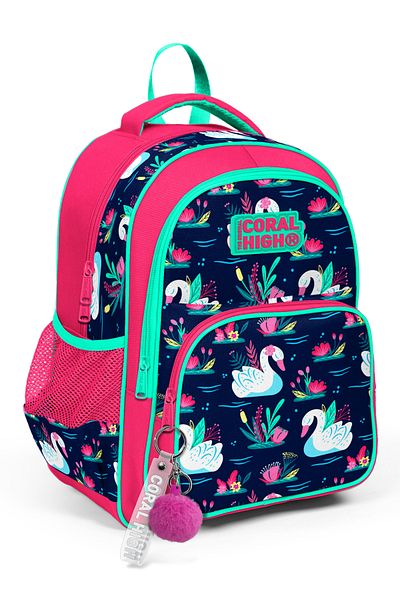 Coral High Rucsac școlar cu trei compartimente pentru copii, coral, bleumarin, cu model de lebădă 23402