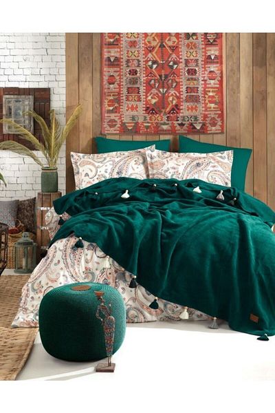 İyi Geceler İstanbul Σετ Παπλωματοθήκη Boho Chic Διπλή Φούντα-Σμαραγδένιο Πράσινο