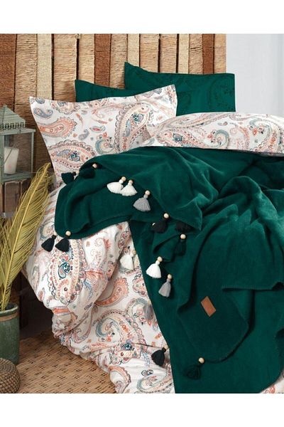 İyi Geceler İstanbul Σετ Παπλωματοθήκη Boho Chic Διπλή Φούντα-Σμαραγδένιο Πράσινο