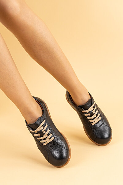 Getcho Lovisa Women's Black Tan Casual Shoes – Genuine Leather, Non-Slip Sole, Lace-Up Comfortable Walking Model