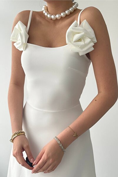 bayansepeti Λευκό Άτλας Στράπλες γιακά Αξεσουάρ Τριαντάφυλλο Λεπτομερές Σχέδιο Μαξί Φόρεμα 258