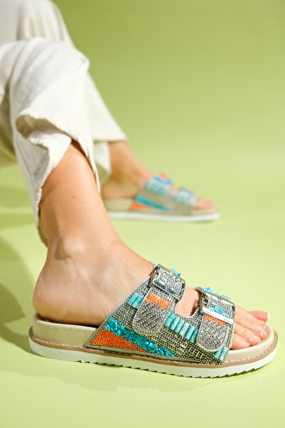 LuviShoes LANSO Beige Stone Double Strap Women's Slippers