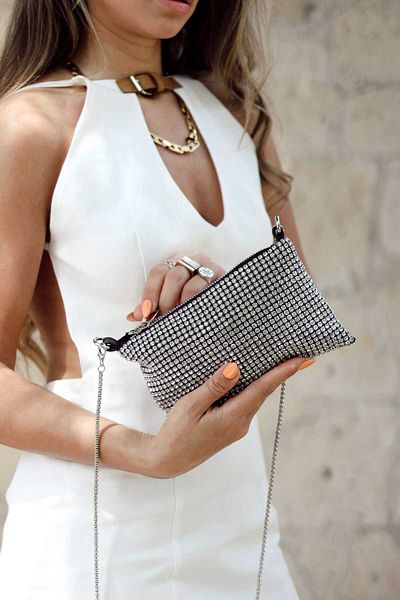 Moom Bag Geantă de seară pentru femei, argintie, mini formă dreptunghiulară, cu decorare din piatră