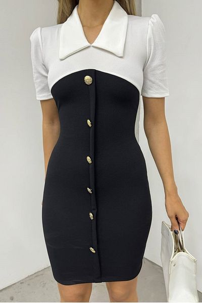bayansepeti Black Mini Dress with Polo Collar and Button Detail - Crepe Fabric, Short Sleeve 12397