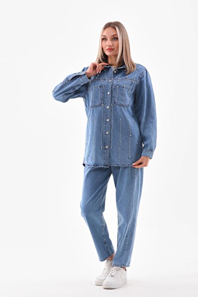 WestBound Women's Yağmut Motif Stone Embroidered Hijab Bottom Top Jeans Set LIGHT TONE