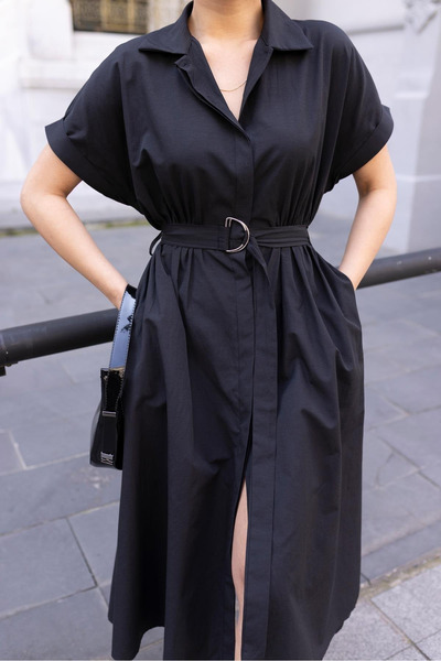 My Blog Rochie camasa neagra cu talie elastica - detaliu curea