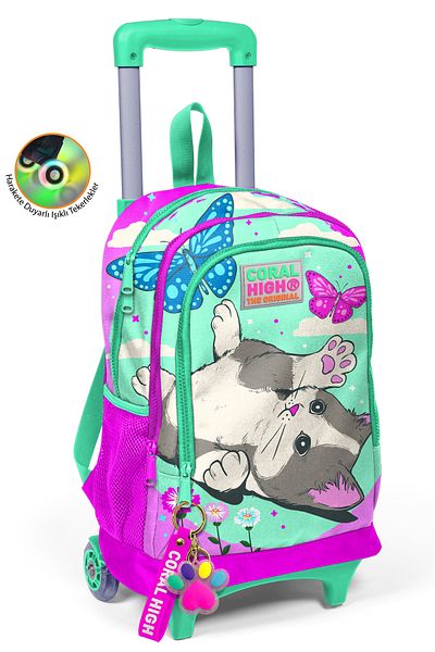 Coral High Rucsac pentru școală cu trei compartimente, cu model de pisică roz, verde apă, pentru copii, cu racletă 23907