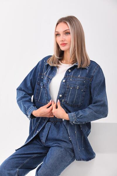 WestBound Women's Yağmut Motif Stone Embroidered Hijab Bottom Top Jeans Set Dark Blue