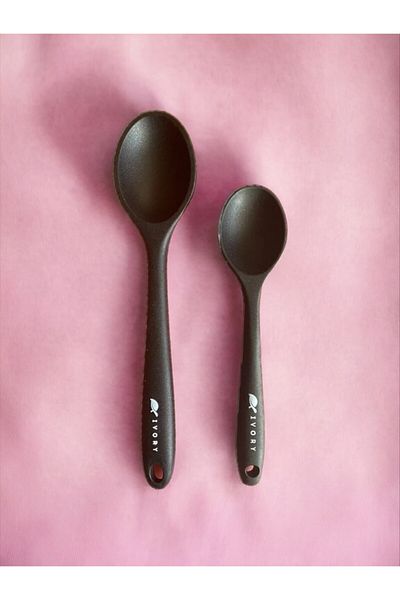 Multiamo Hard Tip Heat Resistant Fireproof Non-Stick Silicone Long Spoon 28 Cm Short Deep Spoon 20 Cm / 2 PCS