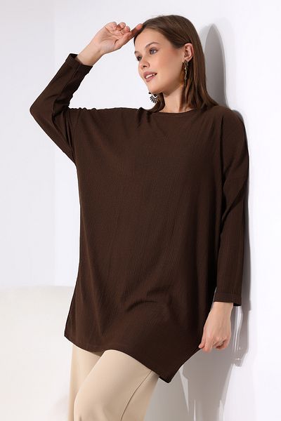 Ladies Bürümcük Fabric Casual Tunic 21124 BROWN