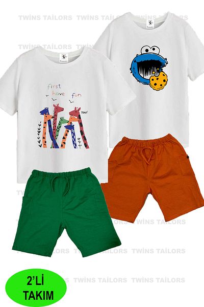 twins tailors طقم أطفال مكون من قطعتين مع شورت مطبوع عليه وحش الكوكيز والزرافة