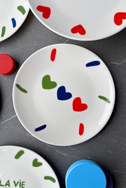 porselenden Lucky 777 6 Kişilik 19 Cm Özel Tasarım Premium Porselen Pasta Tabağı Takımı Manifest Kalp Desenli