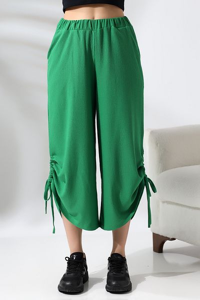 Ladies Bürümcük Fabric Side Slit and Pinched Loose Trousers 21098 GREEN