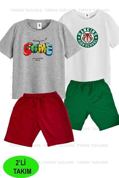 twins tailors Two Pieces Children's Set with Tiger and Game Printed Shorts