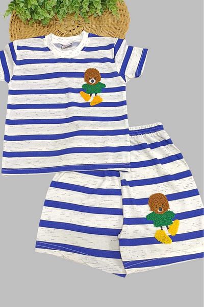 dinamik çocuk Children's Unisex Striped Embroidered 2-Piece Top and Bottom Set Summer Thin Short Sleeve