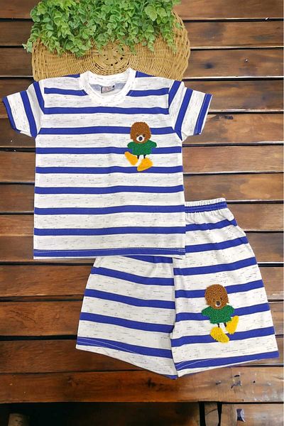 dinamik çocuk Children's Unisex Striped Embroidered 2-Piece Top and Bottom Set Summer Thin Short Sleeve