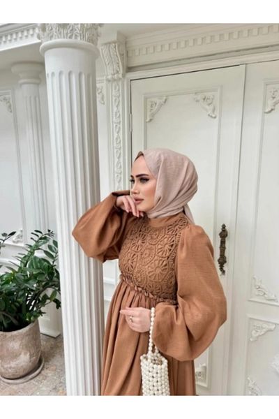 MAS BUTİK Women's Knitted Detailed Maxi Length Long Sleeve Lined Cotton Dress