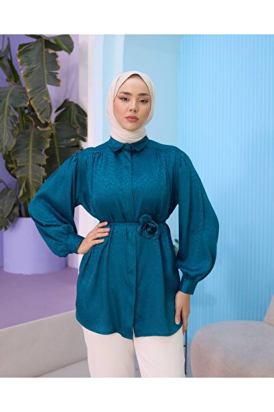 MAS BUTİK Kendinden Desenli Saten Gömlek