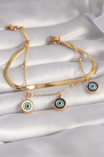 Ebijuteri Italian Chain Model 2-Piece Evil Eye Beaded Steel Bracelet Set