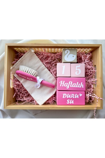 mogokids Pembe krem kuğu desenli bebek anı küpü ,pembe  bebek saç fırçası  seti