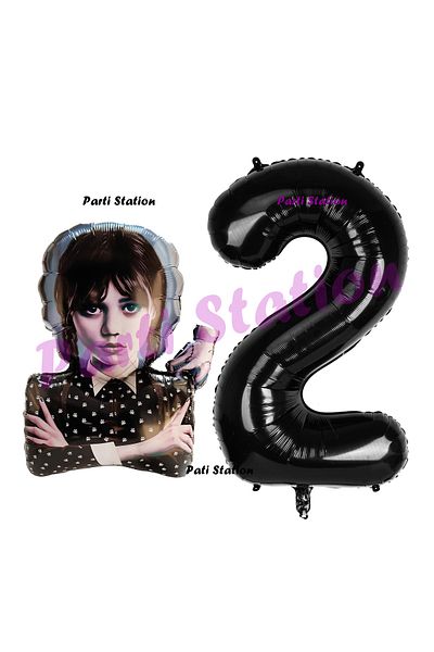 Parti Station Wednesday 2 Year Old Birthday Balloon and Black Figure Party Set - Wednesday Addams Balloon